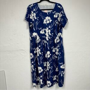 Pink Lady Blue Floral Print Midi Dress Womens 1X Stretch Comfort Short Sleeve